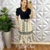 Saia Dunna Com Lastex Na Cintura Três Marias Amara - Creme e Preto (Estampada) - Milla Chic