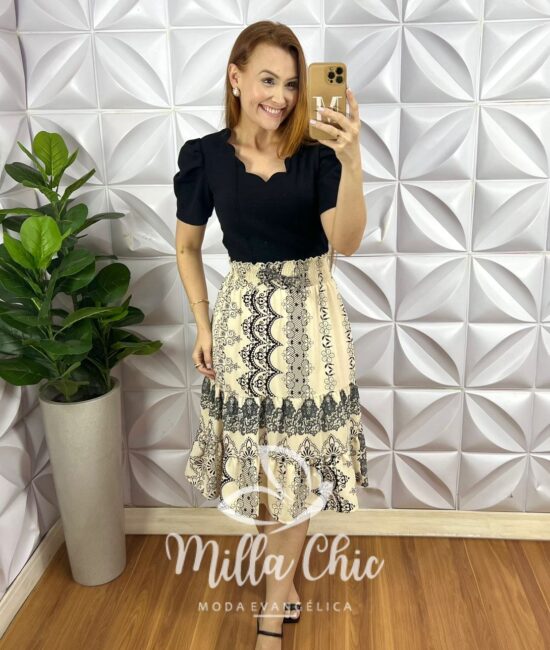 Saia Dunna Com Lastex Na Cintura Três Marias Amara - Creme e Preto (Estampada) - Milla Chic