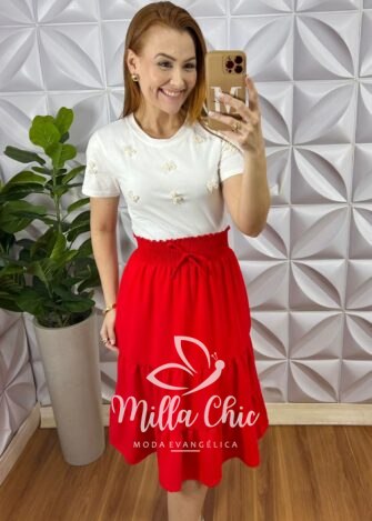 Saia Dunna Com Lastex Na Cintura Três Marias Amara - Vermelha - Milla Chic