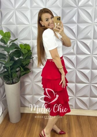 Saia Dunna Elástico Na Cintura Mídi Plissada De Camadas Amanda - Vermelho - Milla Chic