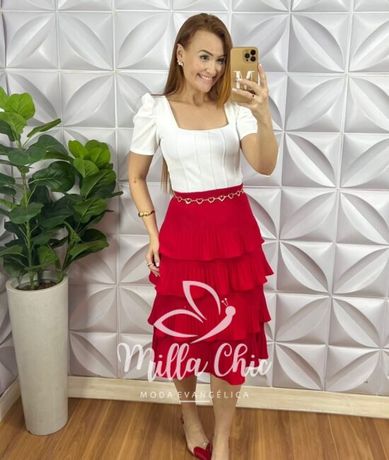 Saia Dunna Elástico Na Cintura Mídi Plissada De Camadas Amanda - Vermelho - Milla Chic