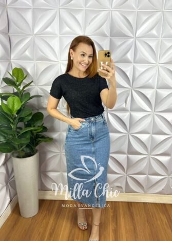 Saia Jeans Com Fendas Frontal Mídi Justa Fabiola - Jeans Claro - Milla Chic