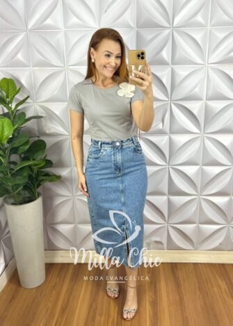 Saia Jeans Com Fendas Frontal Mídi Justa Fabiola - Jeans Claro - Milla Chic