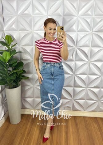 Saia Jeans Com Fendas Frontal Mídi Justa Fabiola - Jeans Claro - Milla Chic