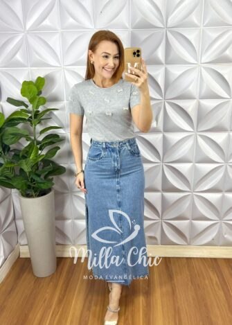 Saia Jeans Com Fendas Laterais Justa Mídi Com Zíper Gabriela - Jeans - Milla Chic