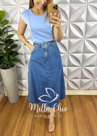 Saia Jeans Evase Mídi Fechamento Zíper e Botão Maristela - Jeans - Milla Chic