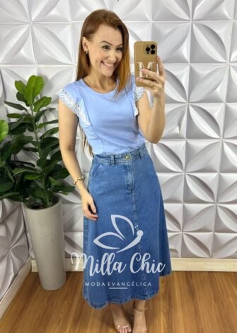 Saia Jeans Evase Mídi Fechamento Zíper e Botão Maristela - Jeans - Milla Chic