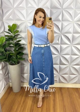 Saia Jeans Evase Mídi Fechamento Zíper e Botão Maristela - Jeans - Milla Chic