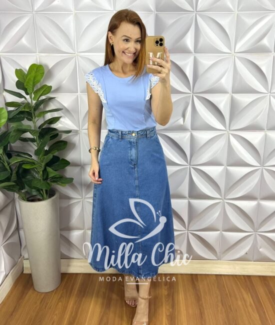 Saia Jeans Evase Mídi Fechamento Zíper e Botão Maristela - Jeans - Milla Chic