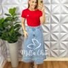 Saia Jeans Evase Mídi Com Fenda Frontal Fechamento Zíper Bianca - Jeans - Milla Chic