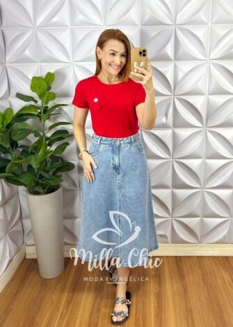 Saia Jeans Evase Mídi Com Fenda Frontal Fechamento Zíper Bianca - Jeans - Milla Chic