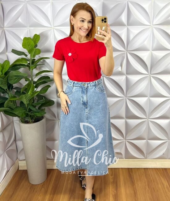 Saia Jeans Evase Mídi Com Fenda Frontal Fechamento Zíper Bianca - Jeans - Milla Chic