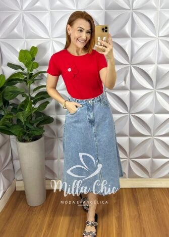 Saia Jeans Evase Mídi Com Fenda Frontal Fechamento Zíper Bianca - Jeans - Milla Chic