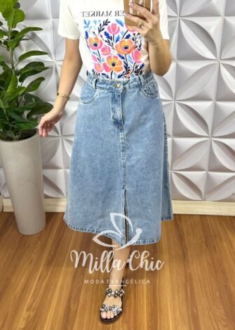 Milla Chic - millachic com br saia jeans evase midi fechamento ziper e botao maristela jeans copia Saia Jeans Evase Mídi Com Fenda Frontal Fechamento Zíper Bianca - Jeans - Milla Chic