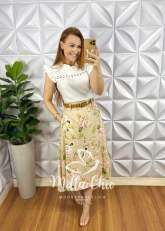 Saia Linho Evase Com Lastex Nas Costas e Bolsos Facas Na Lateral Cleide - Areia (floral) - Milla Chic