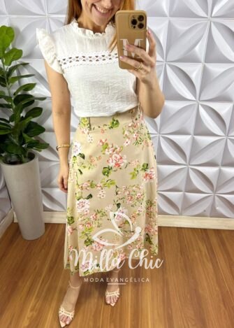 Saia Linho Evase Com Lastex Nas Costas e Bolsos Facas Na Lateral Cleide - Areia (floral) - Milla Chic
