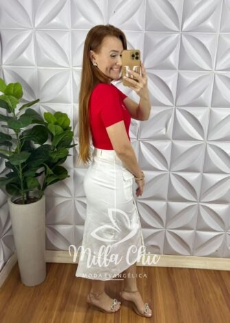 Saia Sarja Com Elastano Botões Funcionais Com Bolsos Laterais Frontal Nicole - Branca - Milla Chic