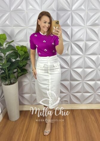 Saia Sarja Com Elastano Botões Funcionais Com Bolsos Laterais Frontal Nicole - Branca - Milla Chic