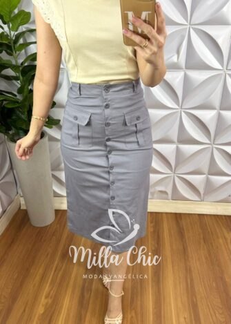 Saia Sarja Com Elastano Botões Funcionais Com Bolsos Laterais Frontal Nicole - Cinza - Milla Chic