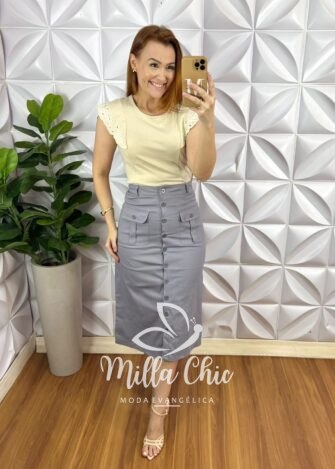 Saia Sarja Com Elastano Botões Funcionais Com Bolsos Laterais Frontal Nicole - Cinza - Milla Chic