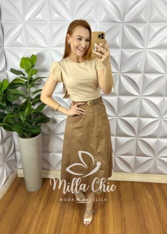 Saia Sarja Com Elastano Evase Mídi Com Recortes e Cinto Corine - Caqui - Milla Chic