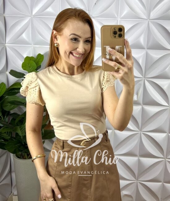 Saia Sarja Com Elastano Evase Mídi Com Recortes e Cinto Corine - Caqui - Milla Chic