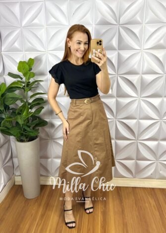 Saia Sarja Com Elastano Evase Mídi Com Recortes e Cinto Corine - Caqui - Milla Chic