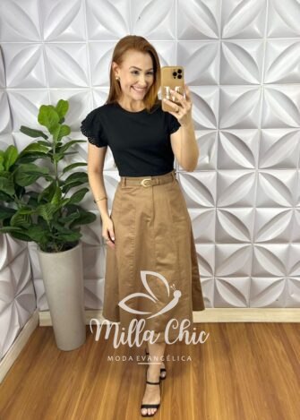 Saia Sarja Com Elastano Evase Mídi Com Recortes e Cinto Corine - Caqui - Milla Chic