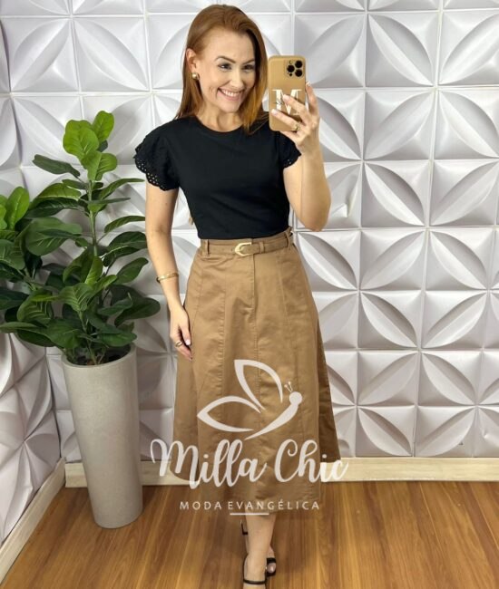 Saia Sarja Com Elastano Evase Mídi Com Recortes e Cinto Corine - Caqui - Milla Chic