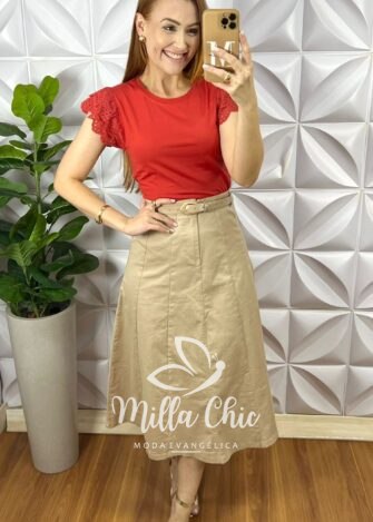 Saia Sarja Com Elastano Evase Mídi Com Recortes e Cinto Corine - Areia - Milla Chic
