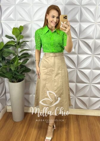 Saia Sarja Com Elastano Evase Mídi Com Recortes e Cinto Corine - Areia - Milla Chic