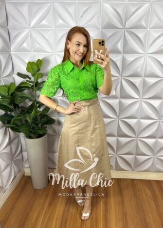 Saia Sarja Com Elastano Evase Mídi Com Recortes e Cinto Corine - Areia - Milla Chic