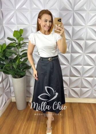 Saia Sarja Com Elastano Evase Mídi Com Recortes e Cinto Corine - Preta - Milla Chic