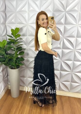 Milla Chic - millachic com br saia tule elastico na cintura longa toda em camadas de babadinhos forrada felicia nude copia 2 Saia Tule Elástico Na Cintura Longa Toda Em Camadas De Babadinhos Forrada Felícia - Preto - Milla Chic