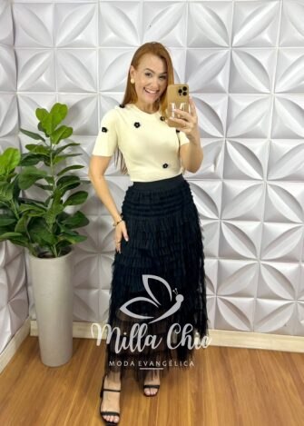 Milla Chic - millachic com br saia tule elastico na cintura longa toda em camadas de babadinhos forrada felicia nude copia Saia Tule Elástico Na Cintura Longa Toda Em Camadas De Babadinhos Forrada Felícia - Preto - Milla Chic