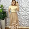 Saia Tule Longa Com Aplicação de Strass Toda Forrada Com Elástico Na Cintura Clara - Areia - Milla Chic