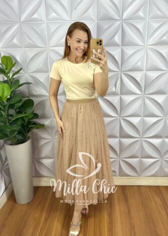 Saia Tule Longa Com Aplicação de Strass Toda Forrada Com Elástico Na Cintura Clara - Areia - Milla Chic