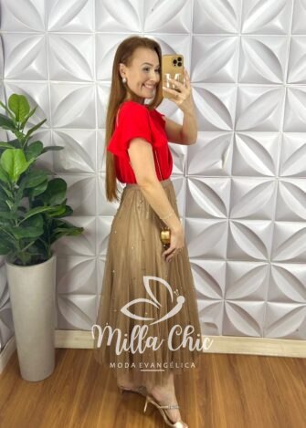 Saia Tule Longa Com Aplicação de Strass Toda Forrada Com Elástico Na Cintura Clara - Marrom - Milla Chic