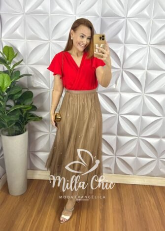 Saia Tule Longa Com Aplicação de Strass Toda Forrada Com Elástico Na Cintura Clara - Marrom - Milla Chic