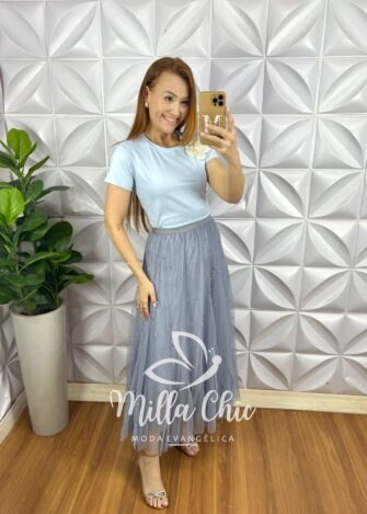 Saia Tule Longa Com Aplicação de Strass Toda Forrada Com Elástico Na Cintura Clara - Off - Milla Chic