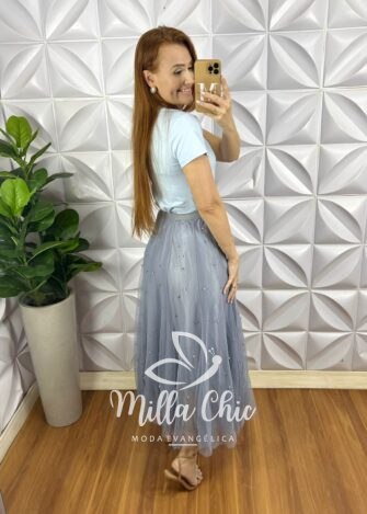 Saia Tule Longa Com Aplicação de Strass Toda Forrada Com Elástico Na Cintura Clara - Off - Milla Chic