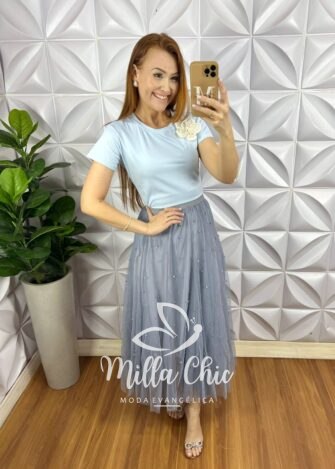 Saia Tule Longa Com Aplicação de Strass Toda Forrada Com Elástico Na Cintura Clara - Off - Milla Chic