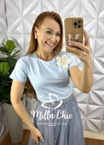 Saia Tule Longa Com Aplicação de Strass Toda Forrada Com Elástico Na Cintura Clara - Off - Milla Chic