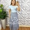 Saia Tule Longa Com Aplicação de Strass Toda Forrada Com Elástico Na Cintura Clara - Off - Milla Chic