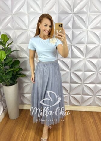 Saia Tule Longa Com Aplicação de Strass Toda Forrada Com Elástico Na Cintura Clara - Off - Milla Chic