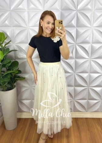 Saia Tule Longa Com Aplicação de Strass Toda Forrada Com Elástico Na Cintura Clara - Off - Milla Chic