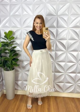 Saia Tule Super Mídi Plissada Toda Forrada Com Regulagem Na Cintura Sophia - Off - Milla Chic