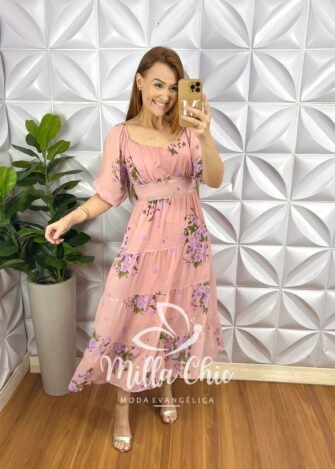 Saia Tule Super Mídi Plissada Toda Forrada Com Regulagem Na Cintura Sophia - Mousse - Milla Chic