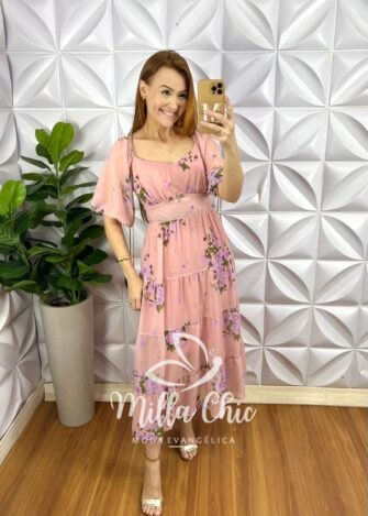 Saia Tule Super Mídi Plissada Toda Forrada Com Regulagem Na Cintura Sophia - Mousse - Milla Chic