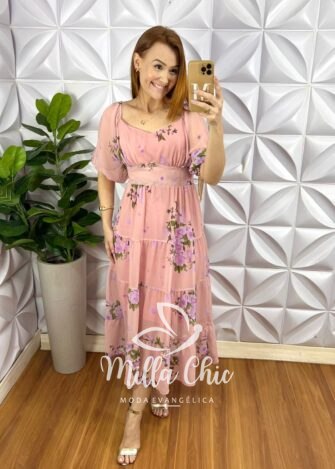 Saia Tule Super Mídi Plissada Toda Forrada Com Regulagem Na Cintura Sophia - Mousse - Milla Chic